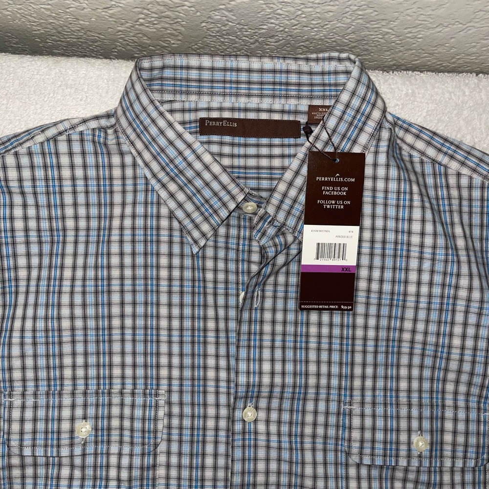 Perry Ellis Blue and White Casual Button Down Shirt